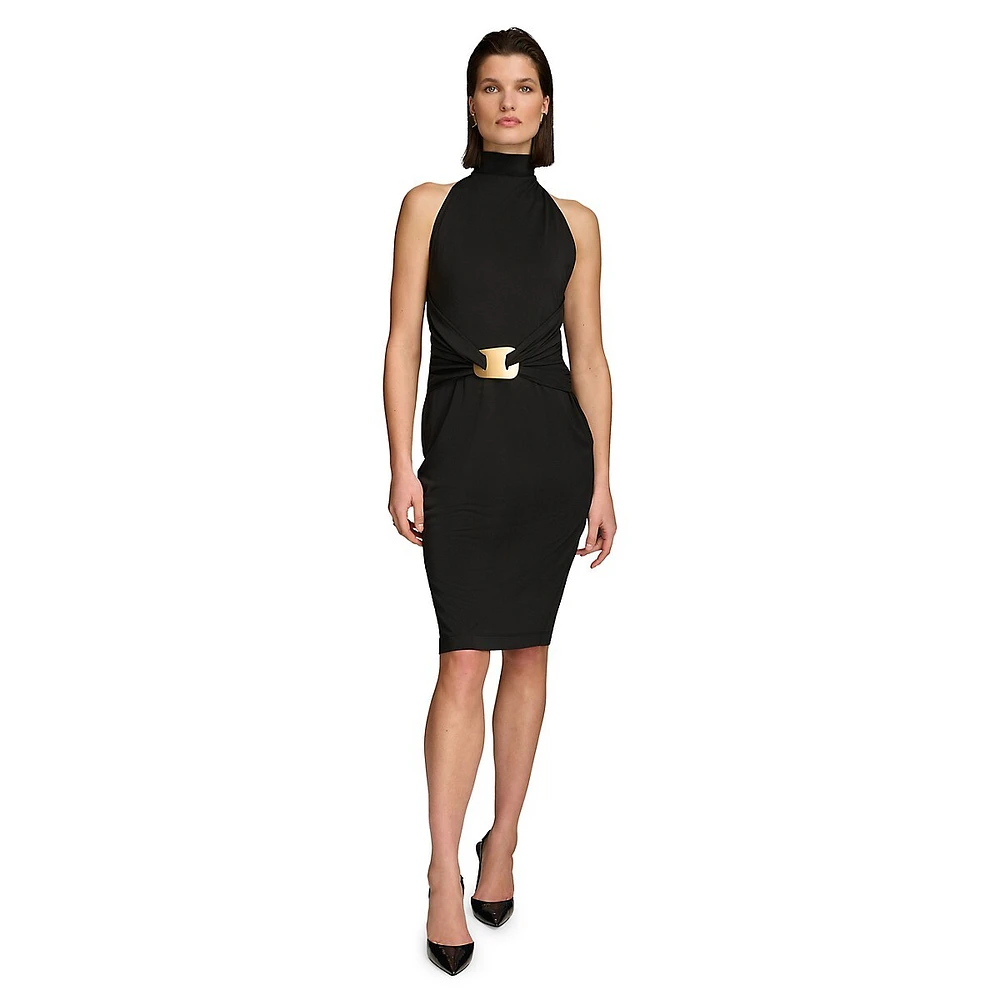 Mockneck Ruched Buckle Sheath Dress