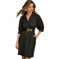 Linen-Blend Belted Short Shirtdress