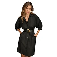 Linen-Blend Belted Short Shirtdress