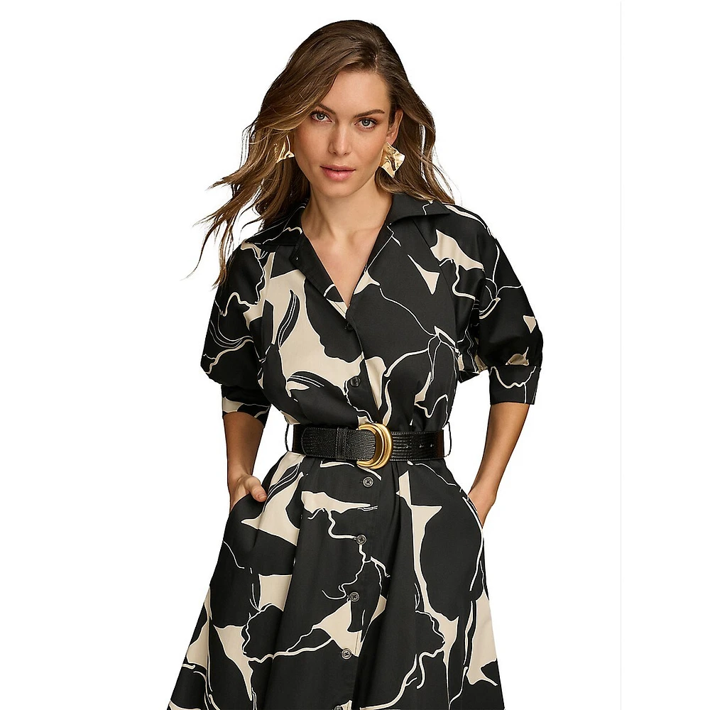 Belted Midi Fit-&-Flare Shirt Dress