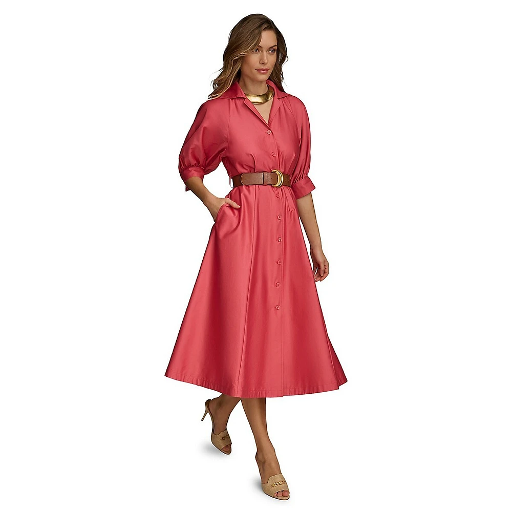 Sateen Puff-Sleeve Belted Shirt Dress