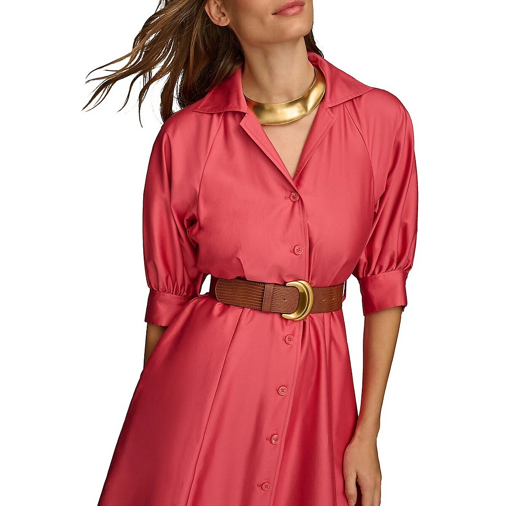 Sateen Puff-Sleeve Belted Shirt Dress