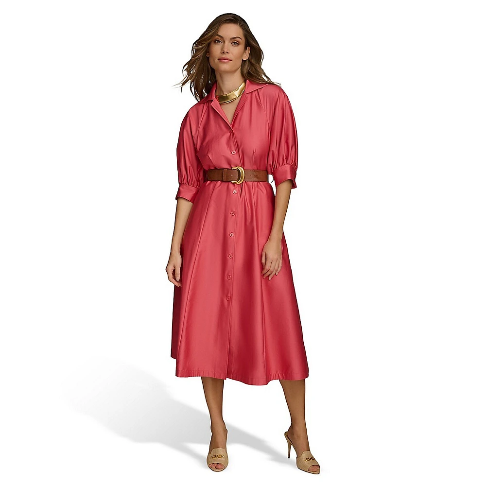 Sateen Puff-Sleeve Belted Shirtdress