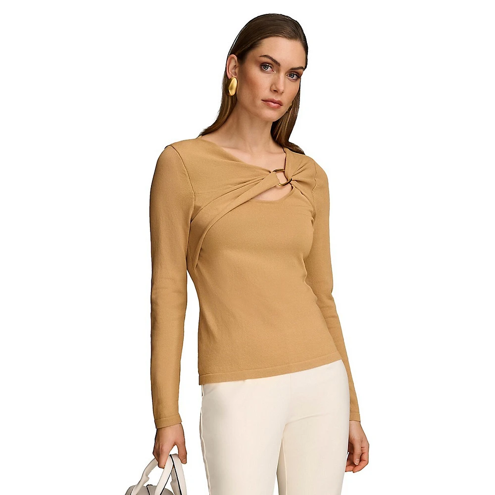 Gathered Keyhole Long-Sleeve Top