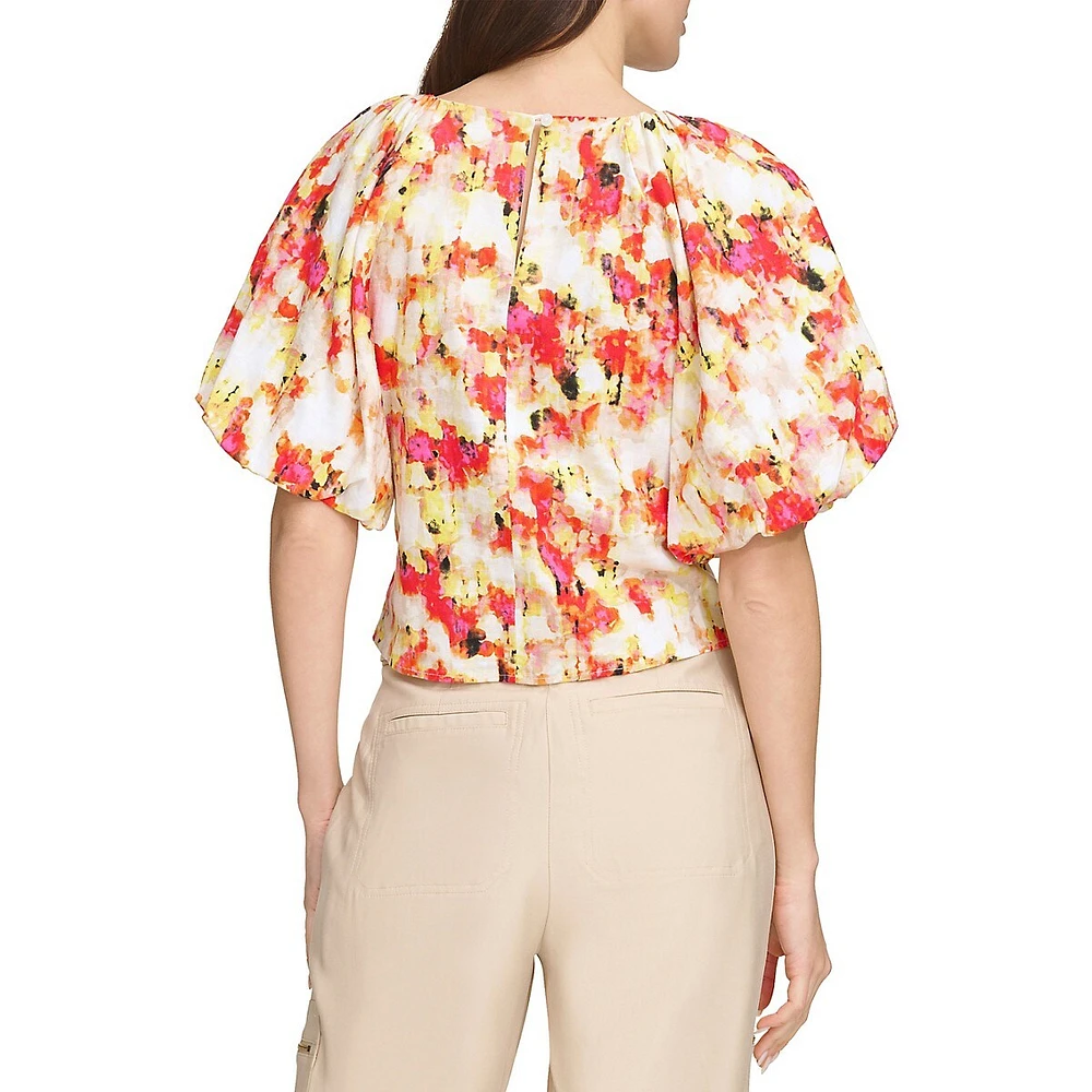 Puff-Sleeve Printed Linen-Viscose Top