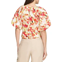 Puff-Sleeve Printed Linen-Viscose Top