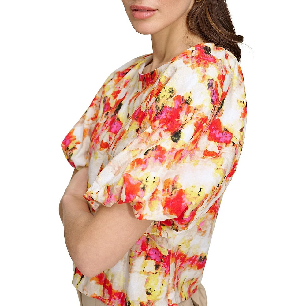 Puff-Sleeve Printed Linen-Viscose Top