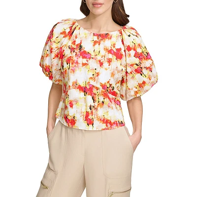 Puff-Sleeve Printed Linen-Viscose Top