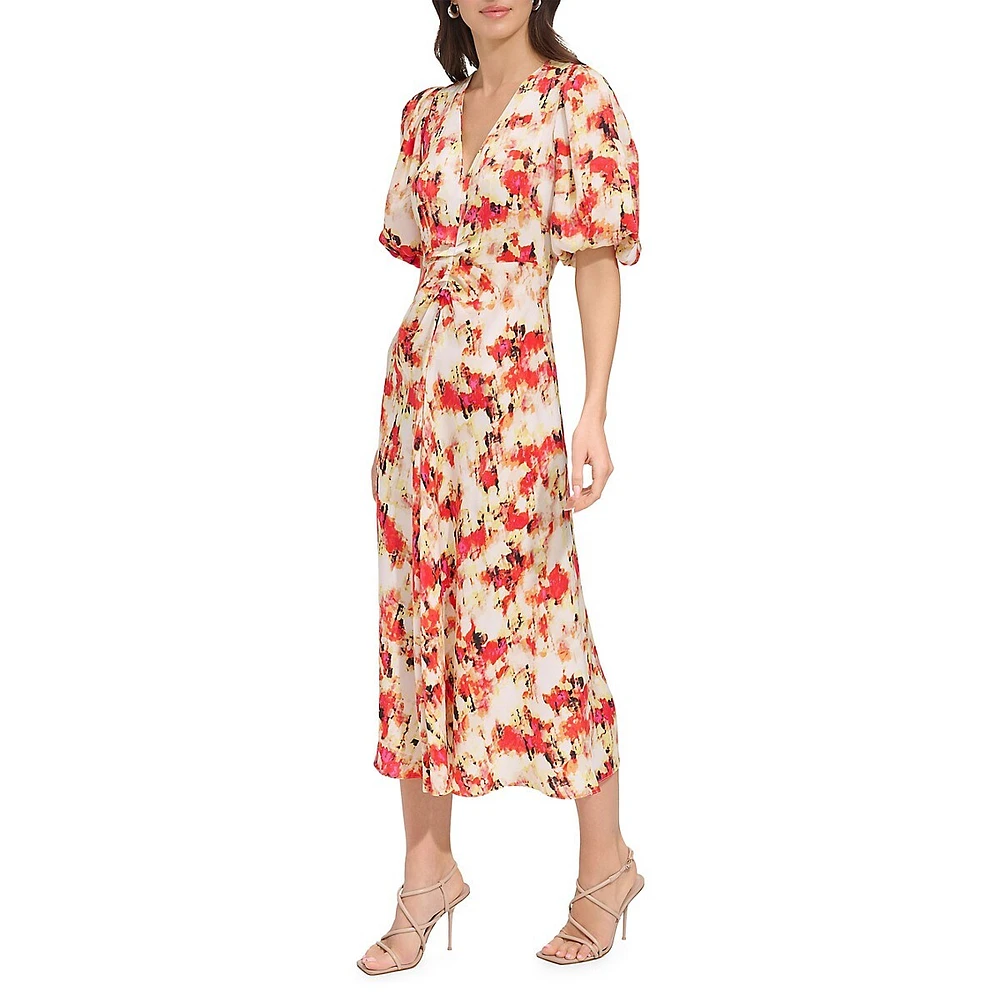 Twist-Knot Print Satin Midi Dress