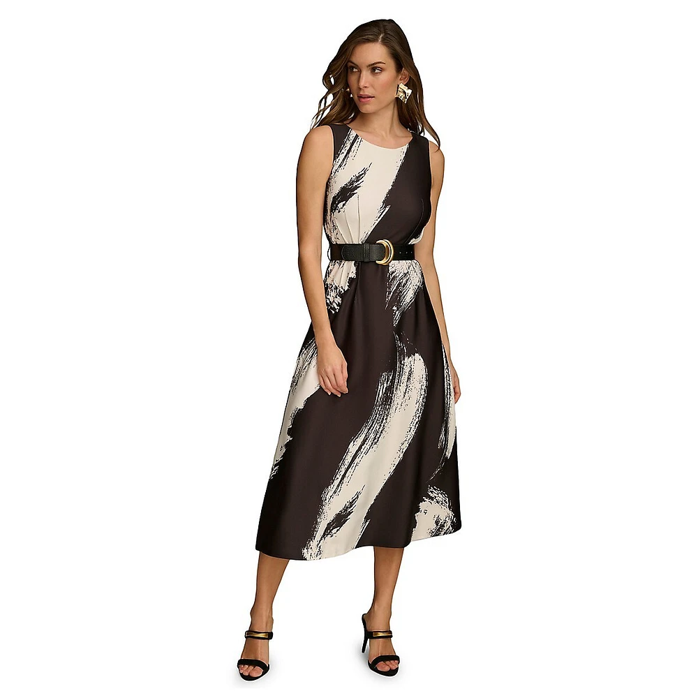 Brushstroke-Print Belted A-Line Midi Dress