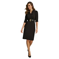 Notch-Collar Belted Sheath Dress