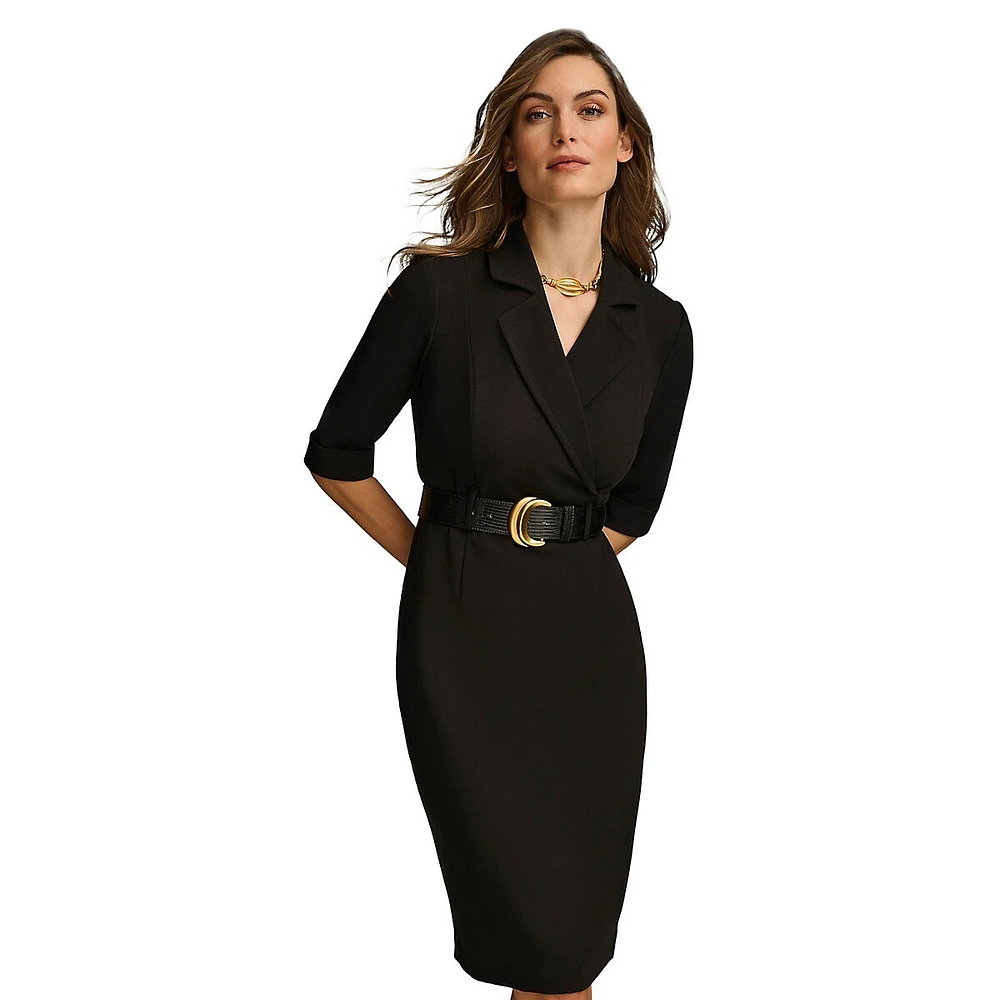 Notch-Collar Belted Sheath Dress