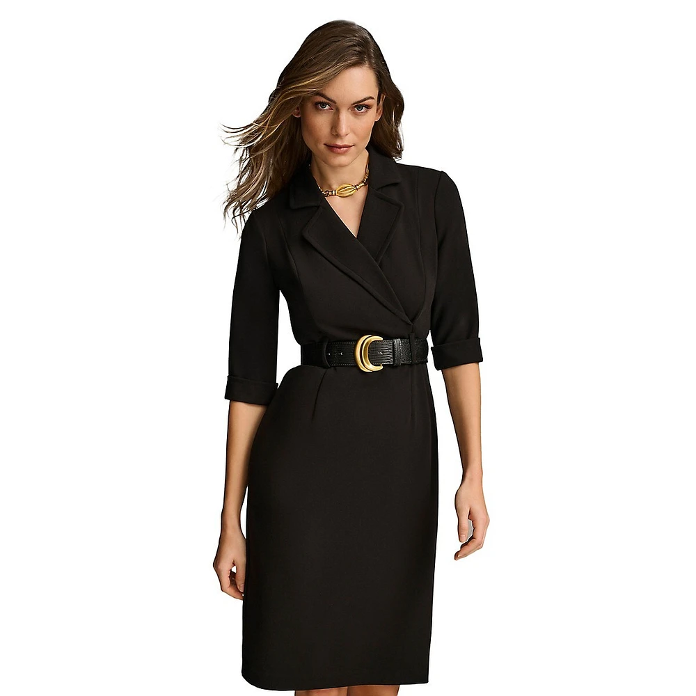 Notch-Collar Belted Sheath Dress