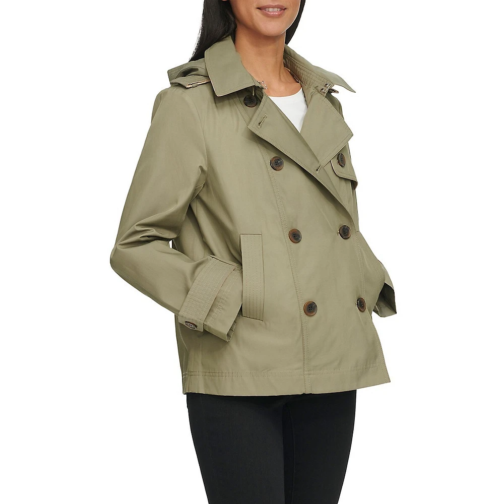 Hooded Double-Breasted Short Trench Coat