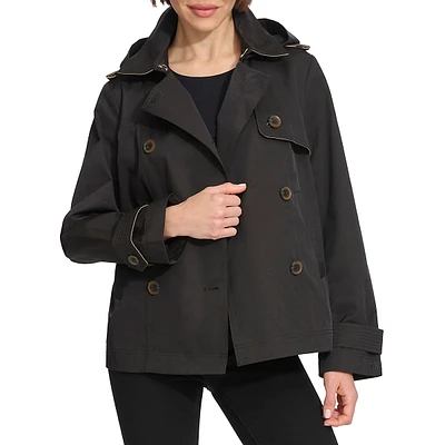 Hooded Double-Breasted Short Trench Coat