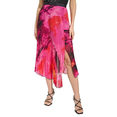 Asymmetrical Pleated Print Chiffon Midi Skirt