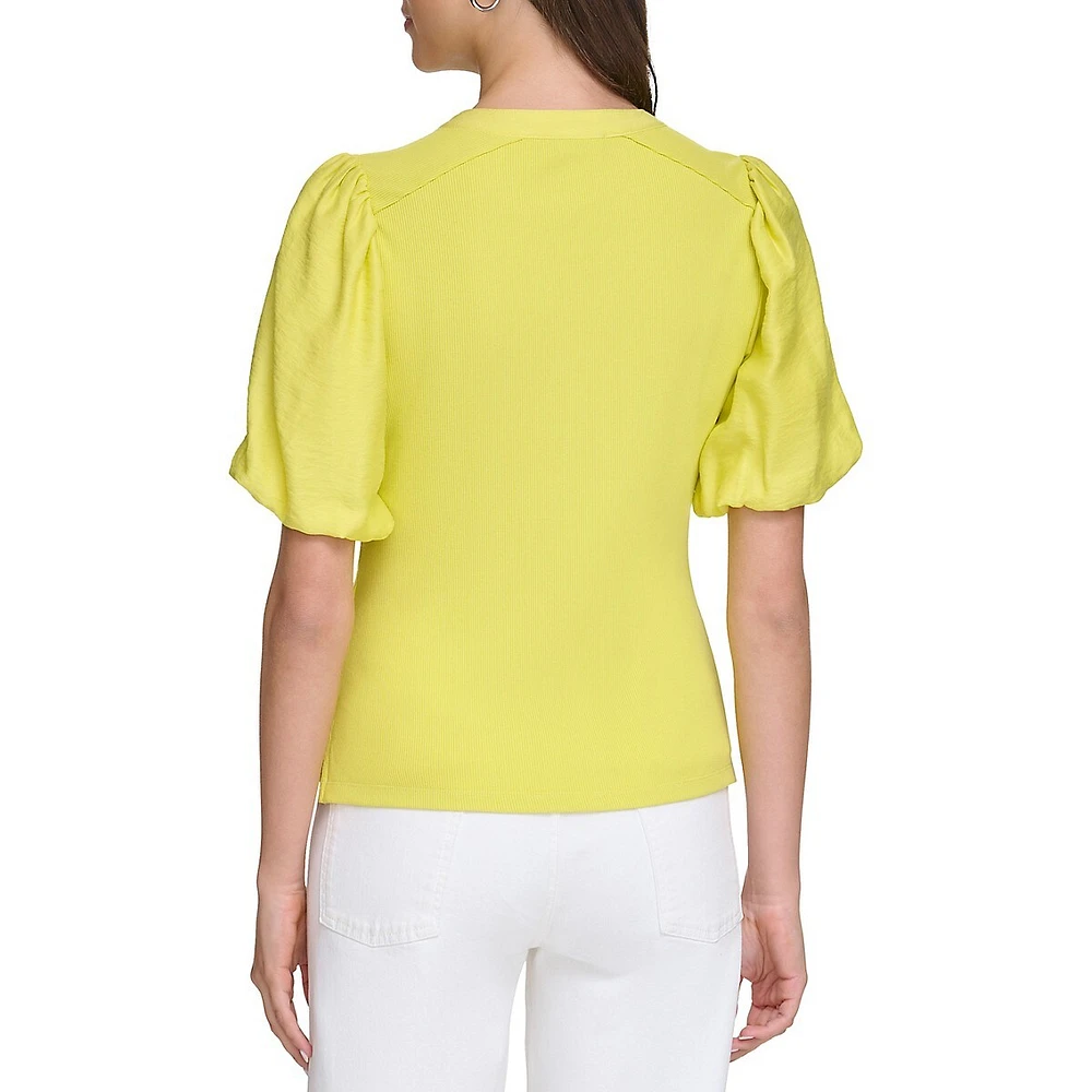 Puff-Sleeve Mixed Media Henley Top