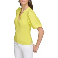 Puff-Sleeve Mixed Media Henley Top