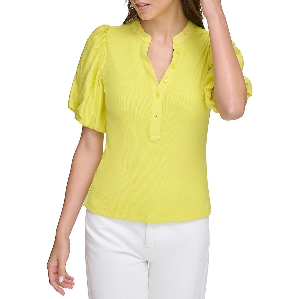 Puff-Sleeve Mixed Media Henley Top