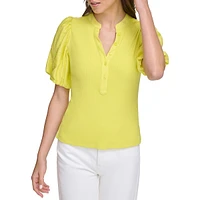 Puff-Sleeve Mixed Media Henley Top