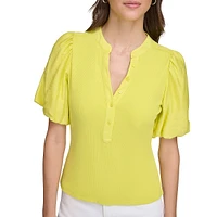 Puff-Sleeve Mixed Media Henley Top