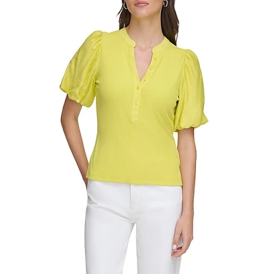 Puff-Sleeve Mixed Media Henley Top