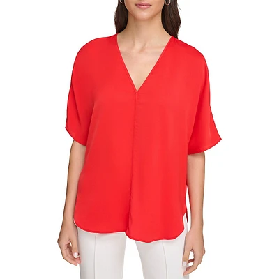 Seamed V-Neck Short-Sleeve Blouse