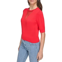 Mesh Neckline Ribbed Edge Top