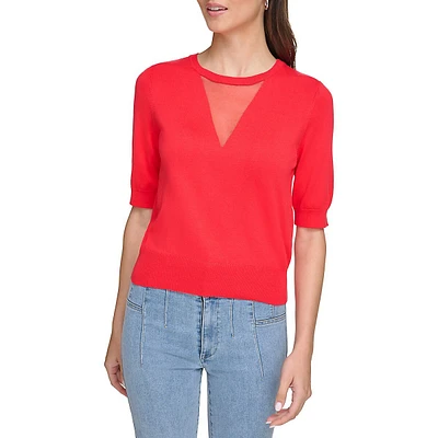 Mesh Neckline Ribbed Edge Top