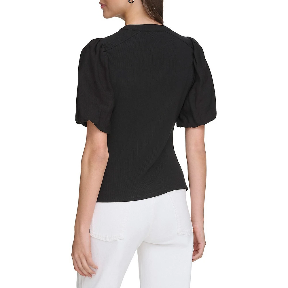 Puff-Sleeve Mixed Media Henley Top