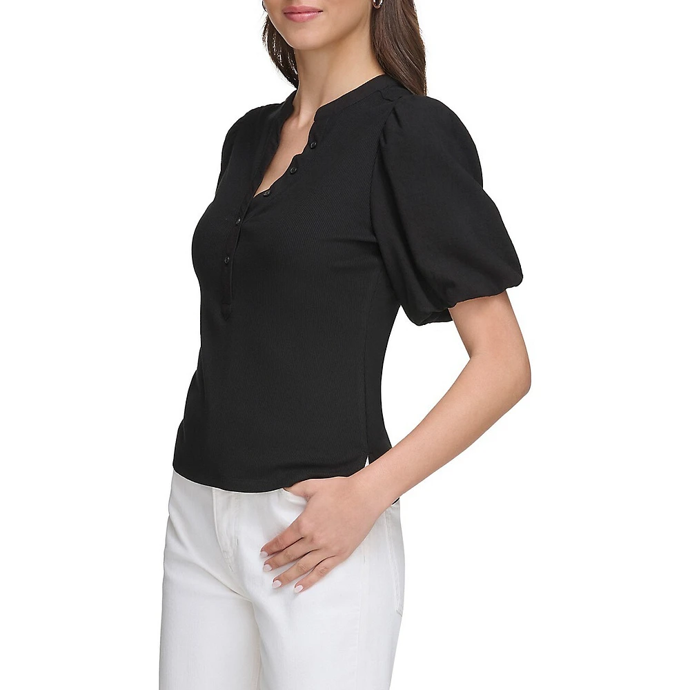 Puff-Sleeve Mixed Media Henley Top