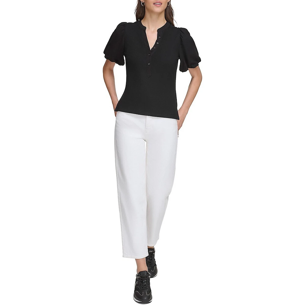 Puff-Sleeve Mixed Media Henley Top