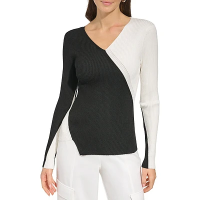 Two-Tone Ribbed V-Neck Pullover