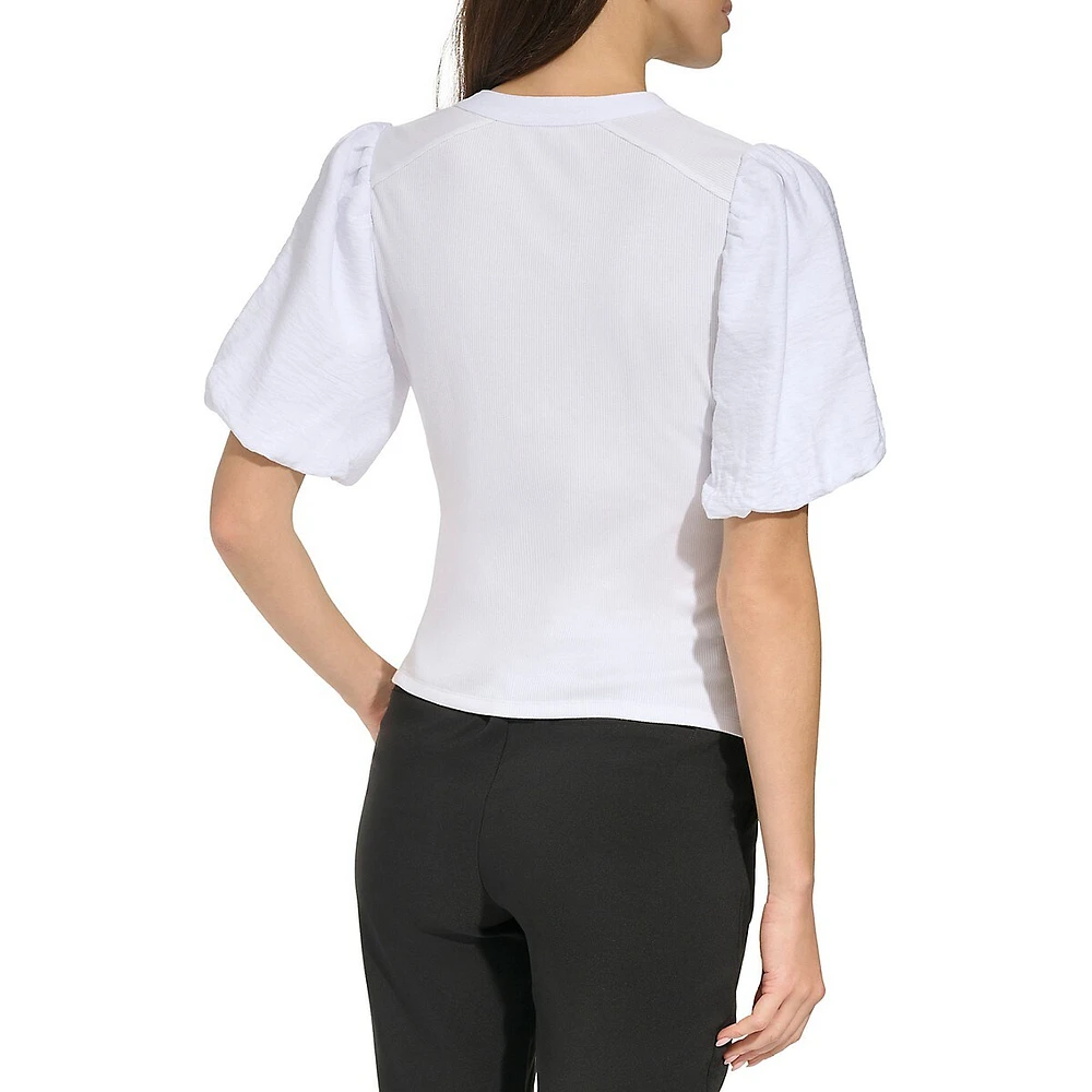 Puff-Sleeve Mixed Media Henley Top