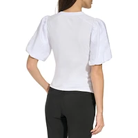Puff-Sleeve Mixed Media Henley Top