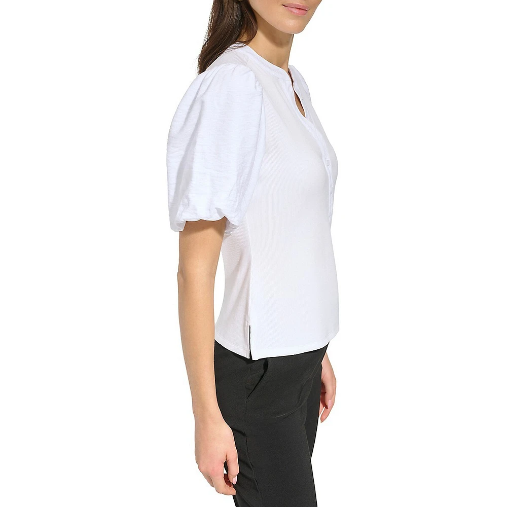 Puff-Sleeve Mixed Media Henley Top