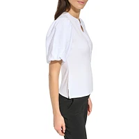 Puff-Sleeve Mixed Media Henley Top