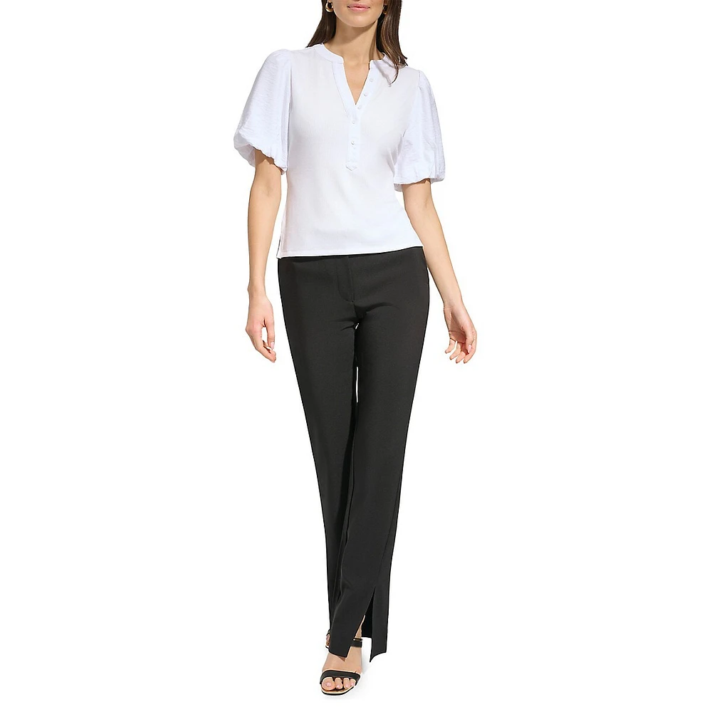 Puff-Sleeve Mixed Media Henley Top