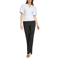 Puff-Sleeve Mixed Media Henley Top