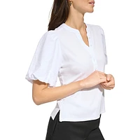 Puff-Sleeve Mixed Media Henley Top