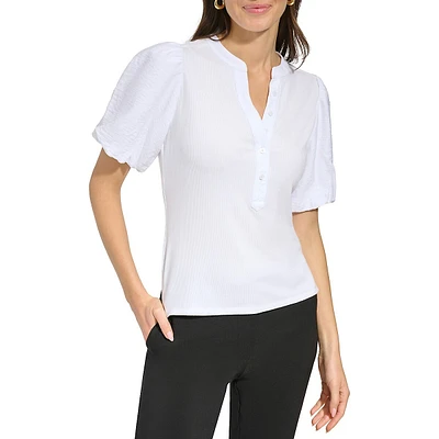 Puff-Sleeve Mixed Media Henley Top
