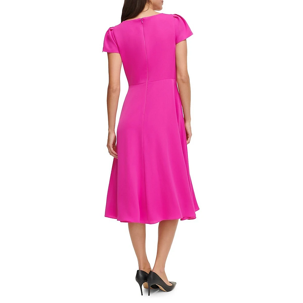 Side-Ruched Flutter-Sleeve Midi Dress