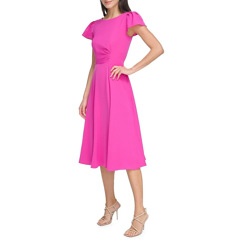 Side-Ruched Flutter-Sleeve Midi Dress