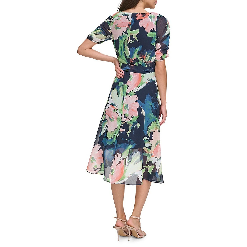 Printed Ruched-Sleeve Tied Midi Dress