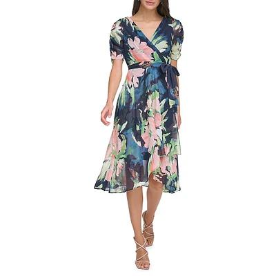 Printed Ruched-Sleeve Tied Midi Dress