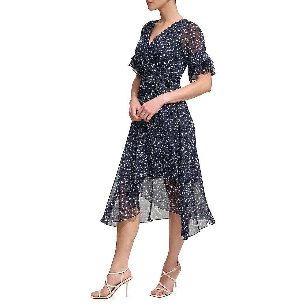 Floral Triple Ruffle Faux Wrap Dress