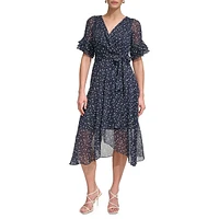 Floral Triple Ruffle Faux Wrap Dress