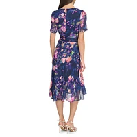 Tied Floral Godet Sleeve & Skirt Midi Dress