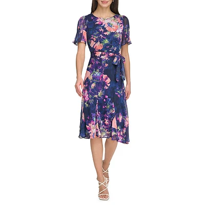 Tied Floral Godet Sleeve & Skirt Midi Dress