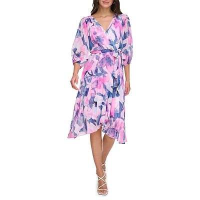Tied Floral Balloon-Sleeve Faux Wrap Dress
